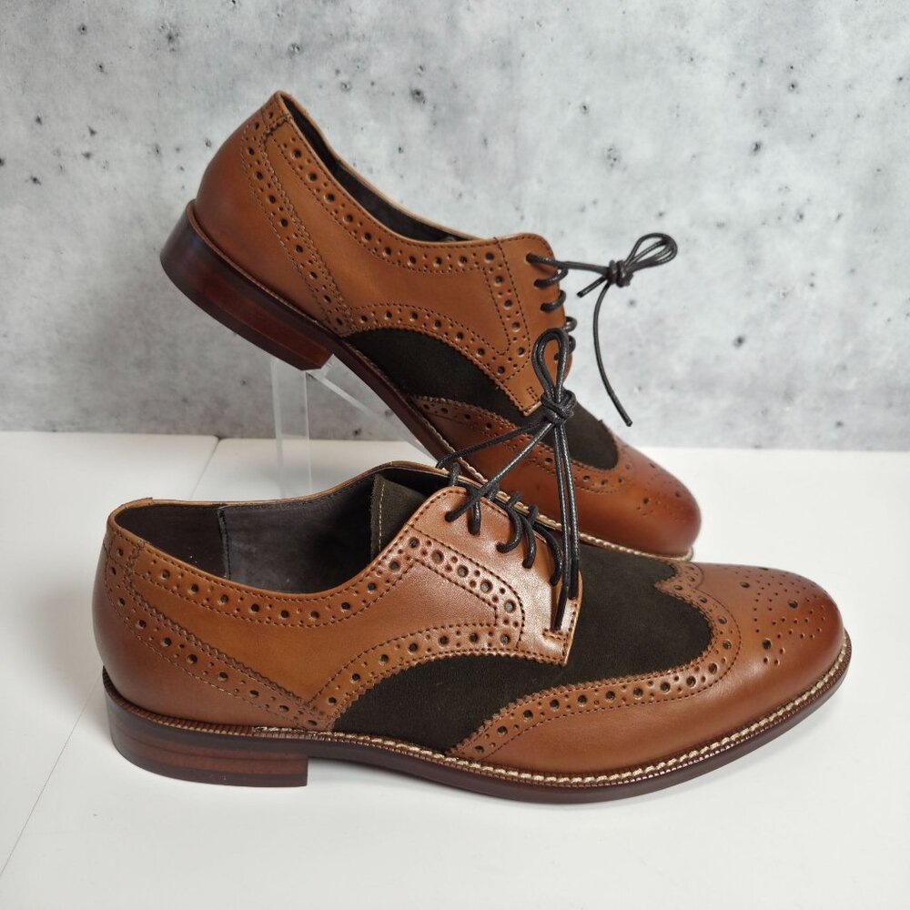 NEW Joseph Abboud Mason Mens 8.5 D Leather Wingtip Dress Shoes Cognac & Loden